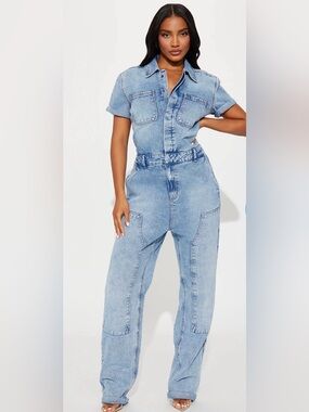 Fashion Nova Light Wash‎ Blue Zarina Denim Jumpsuit Utility Streetwear Western L